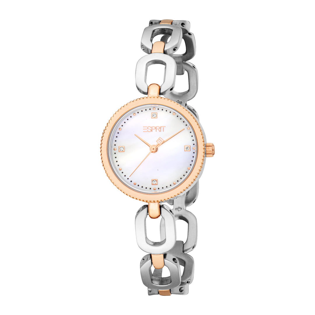 ESPRIT Women Watch, Two Tone Silver &amp; Rose Gold Color Case, White MOP Dial, Two Tone Silver &amp; Rose Gold Color Metal Bracelet, 3 Hands, 3 ATM