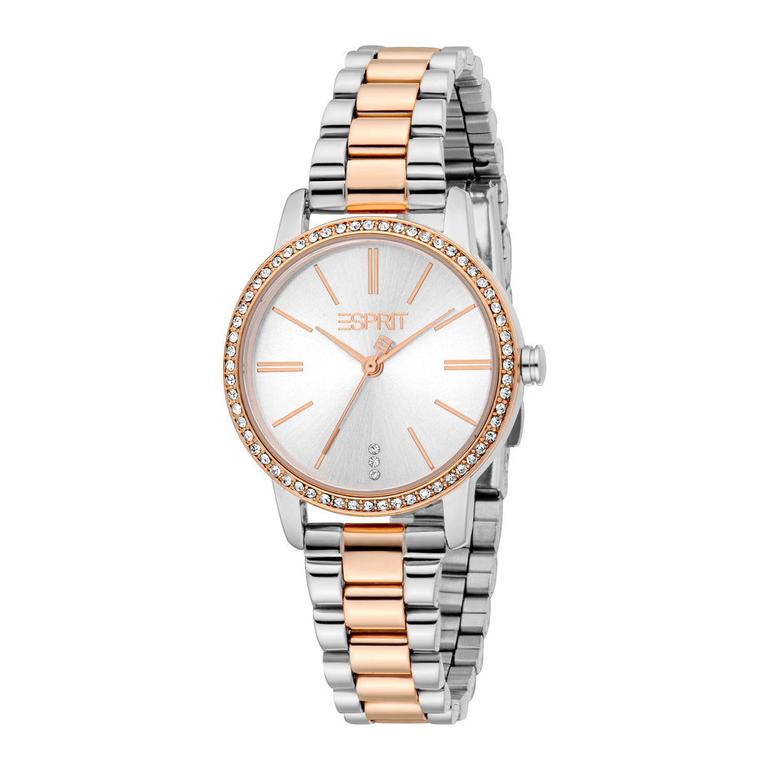 ESPRIT Women Watch, Two Tone Silver &amp; Rose Gold Color Case, Silver Dial, Two Tone Silver &amp; Rose Gold Color Metal Bracelet, 3 Hands, 3ATM