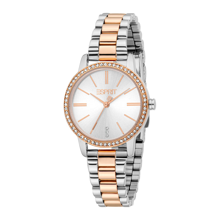 ESPRIT Women Watch, Two Tone Silver &amp; Rose Gold Color Case, Silver Dial, Two Tone Silver &amp; Rose Gold Color Metal Bracelet, 3 Hands, 3ATM