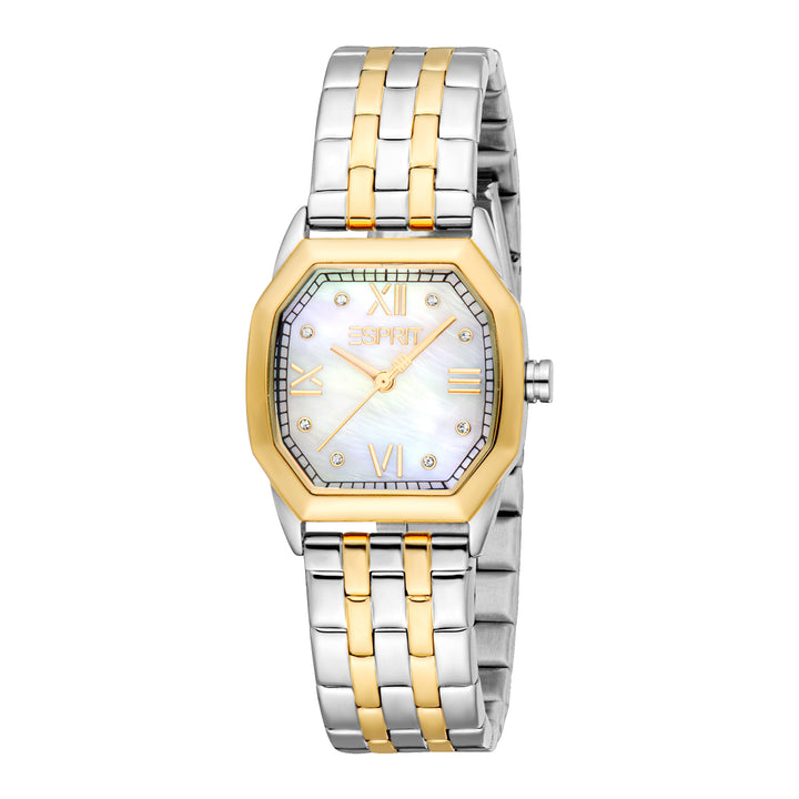 ESPRIT Women Watch, Two Tone Silver &amp; Gold Color Case, White MOP Dial, Two Tone Silver &amp; Gold Color Metal Bracelet, 3 Hands, 3 ATM