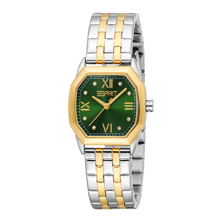 ESPRIT Women Watch, Two Tone Silver &amp; Gold Color Case, Green Dial, Two Tone Silver &amp; Gold Color Metal Bracelet, 3 Hands, 3 ATM