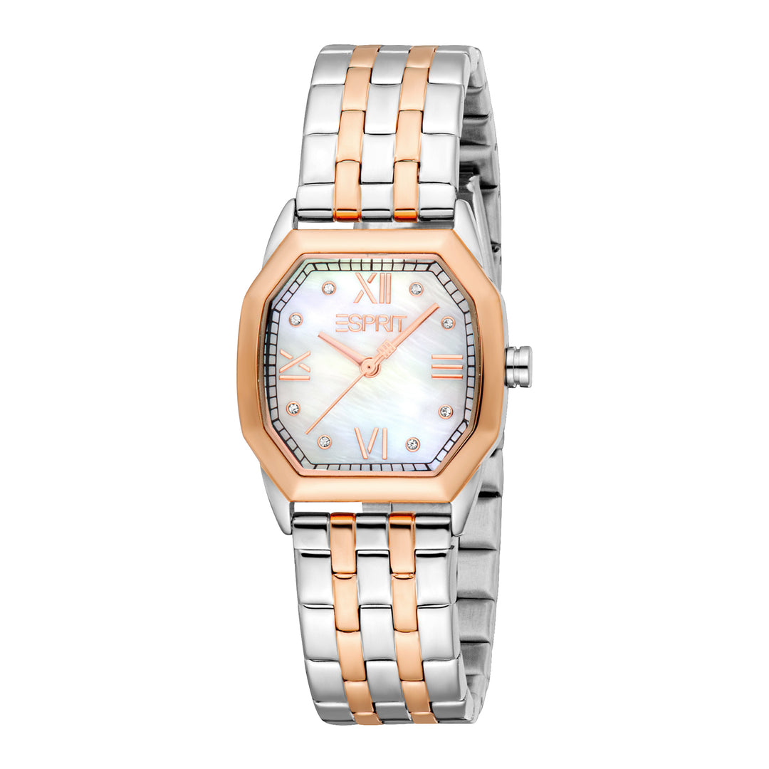 ESPRIT Women Watch, Two Tone Silver &amp; Rose Gold Color Case, White MOP Dial, Two Tone Silver &amp; Rose Gold Color Metal Bracelet, 3 Hands, 3 ATM