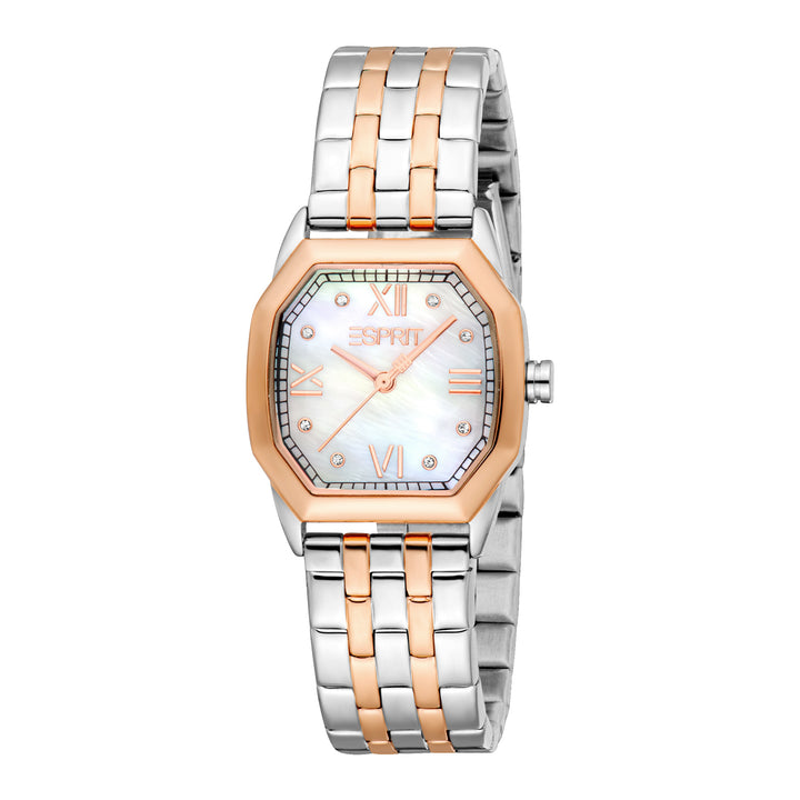 ESPRIT Women Watch, Two Tone Silver &amp; Rose Gold Color Case, White MOP Dial, Two Tone Silver &amp; Rose Gold Color Metal Bracelet, 3 Hands, 3 ATM