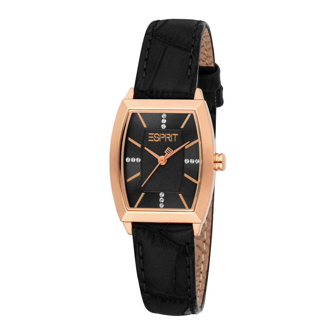 ESPRIT Women Watch, Rose Gold Color Case, Black Dial, Black Leather Strap, 3 Hands, 1 ATM