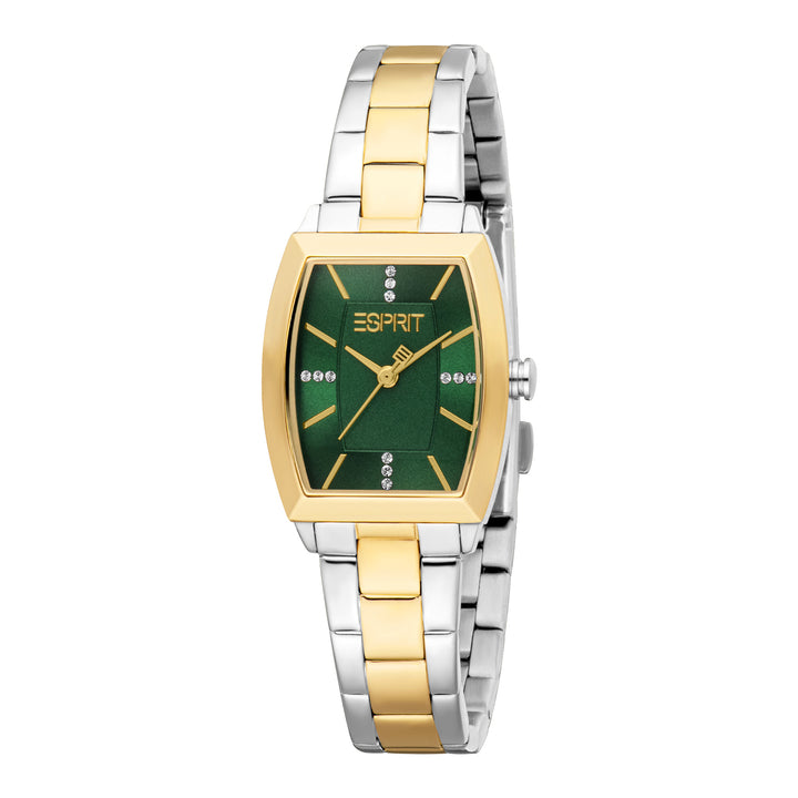 ESPRIT Women Watch, Two Tone Silver &amp; Gold Color Case, Dark Green Dial, Two Tone Silver &amp; Gold Color Metal Bracelet, 3 Hands, 1 ATM