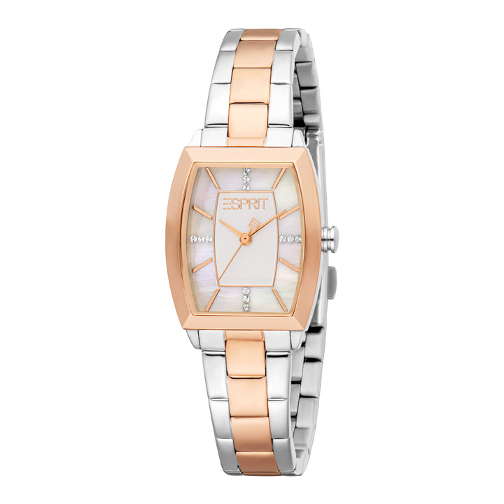 ESPRIT Women Watch, Two Tone Silver &amp; Rose Gold Color Case, White MOP Dial, Two Tone Silver &amp; Rose Gold Color Metal Bracelet, 3 Hands, 1 ATM