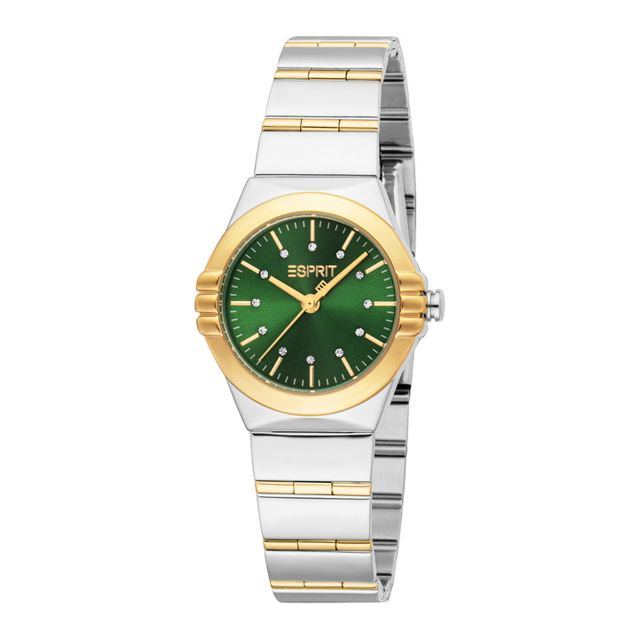ESPRIT Women Watch, Two Tone Silver &amp; Gold Color Case, Dark Green Dial, Two Tone Silver &amp; Gold Color Metal Bracelet, 3 Hands, 3 ATM