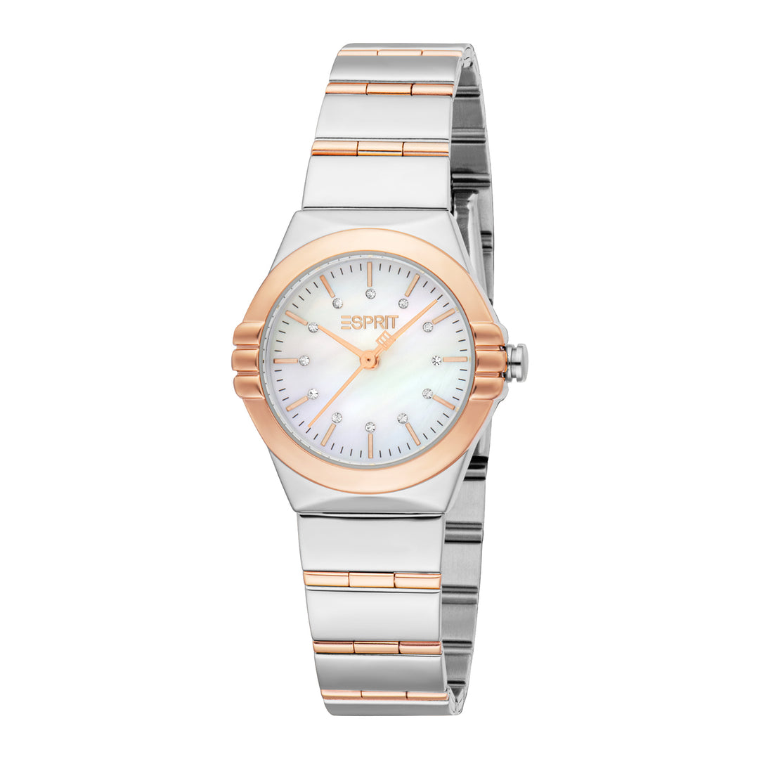 ESPRIT Women Watch, Two Tone Silver &amp; Rose Gold Color Case, White MOP Dial, Two Tone Silver &amp; Rose Gold Color Metal Bracelet, 3 Hands, 3 ATM