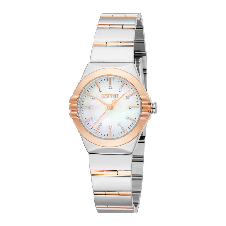 ESPRIT Women Watch, Two Tone Silver &amp; Rose Gold Color Case, White MOP Dial, Two Tone Silver &amp; Rose Gold Color Metal Bracelet, 3 Hands, 3 ATM