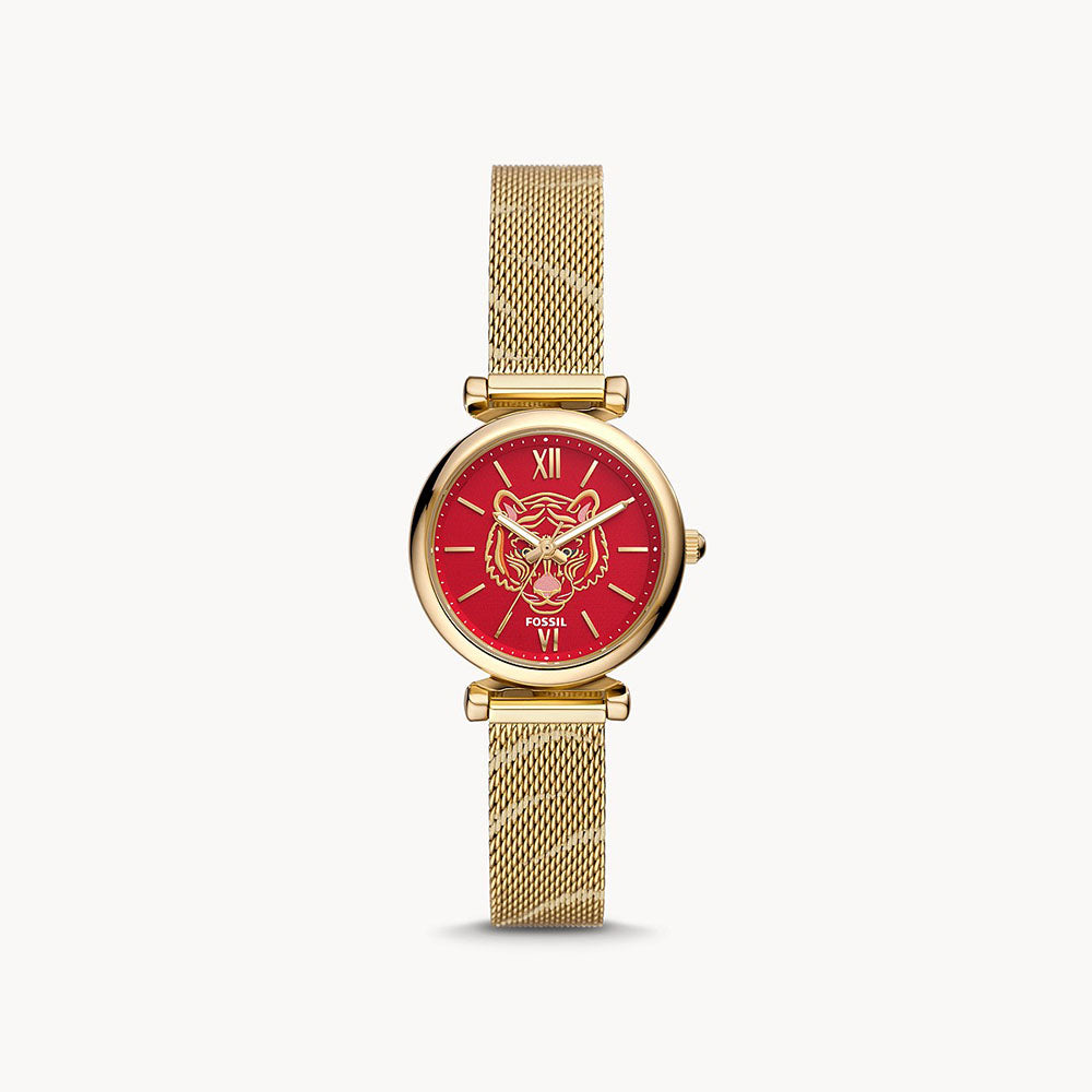 Fossil Carlie Three-Hand Gold-Tone Stainless Steel Mesh Women&