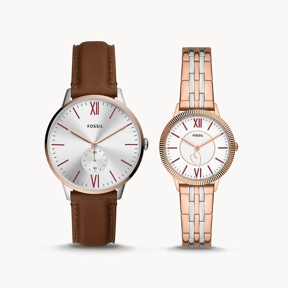 Fossil His And Hers Three-Hand Brown Leather And Two-Tone Stainless Steel Women&