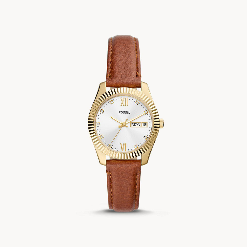 Fossil Scarlette Three-Hand Day-Date Tan Eco Leather Women&