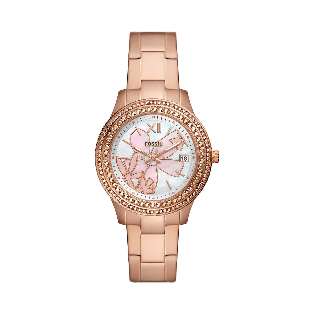 Fossil Stella Three-Hand Date Rose Gold-Tone Stainless Steel Women&