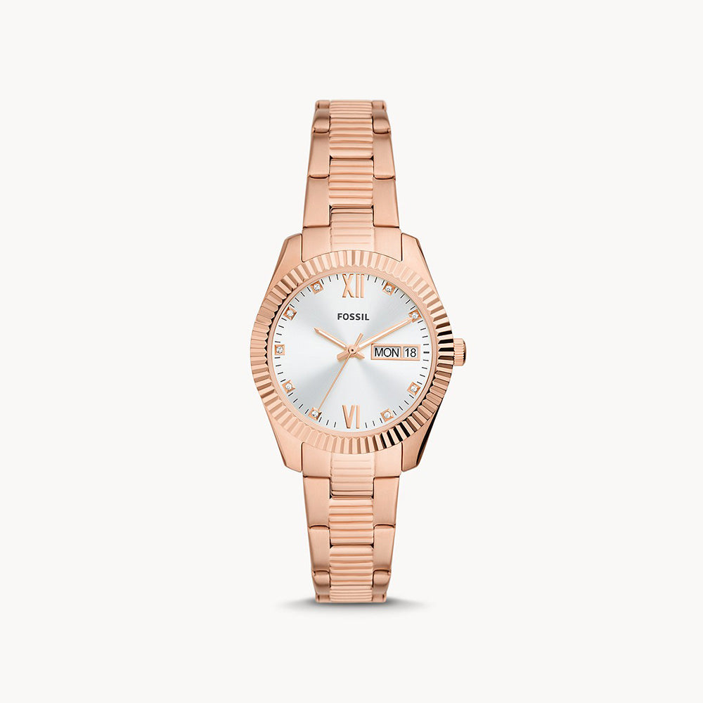 Fossil Scarlette Three Hand Day Date Rose Gold Tone Stainless Steel Women&