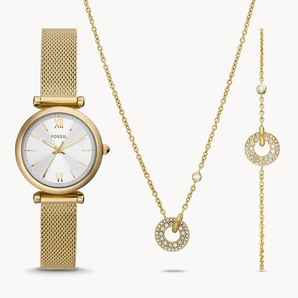 Fossil Carlie Three-Hand Gold-Tone Stainless Steel Mesh Women&