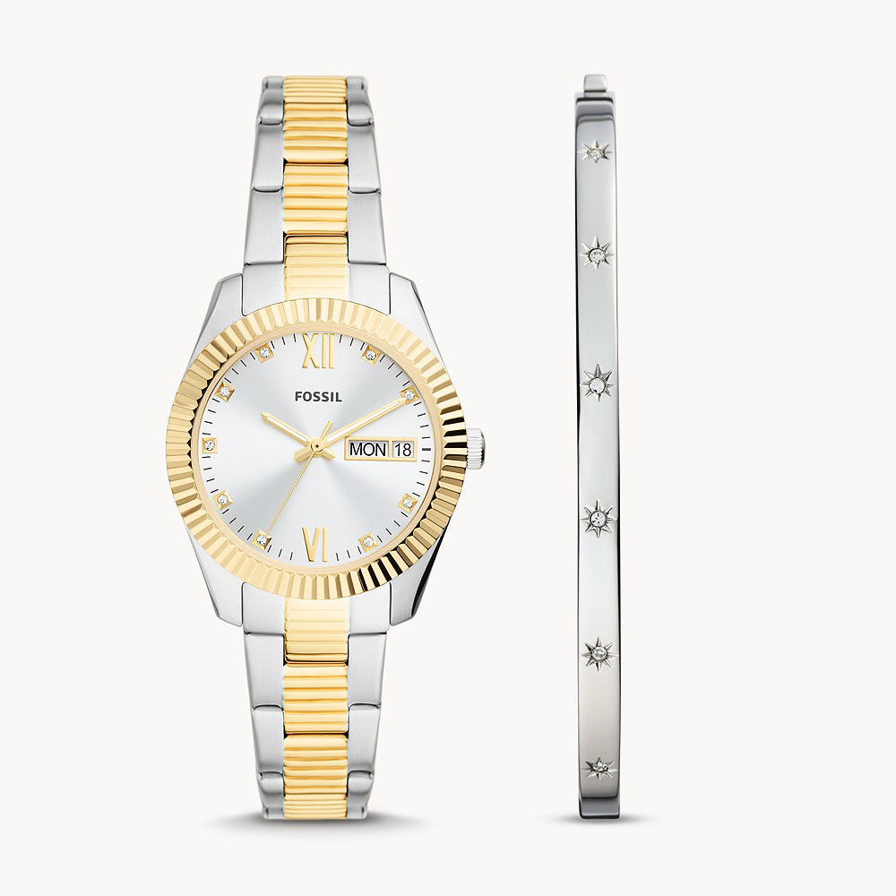 Fossil Scarlette Three-Hand Day-Date Two-Tone Stainless Steel Women&