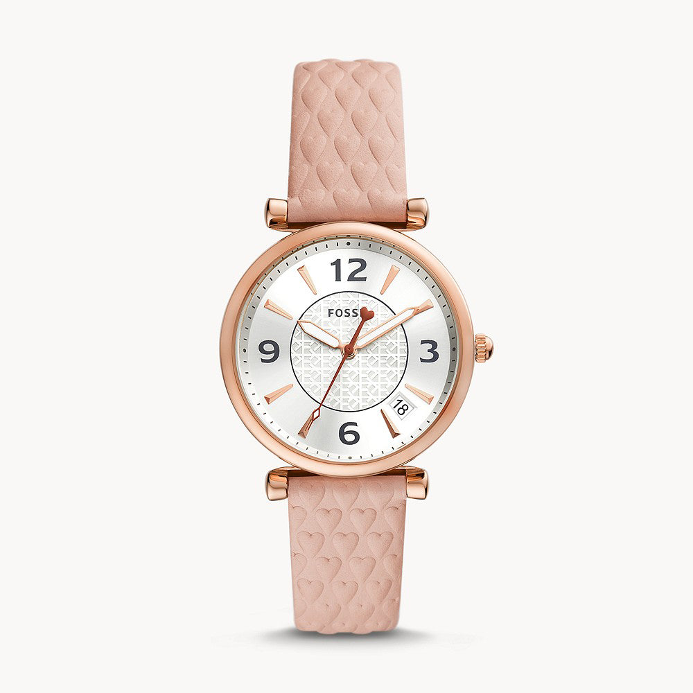 Fossil Carlie Three-Hand Date Blush Leather Women&