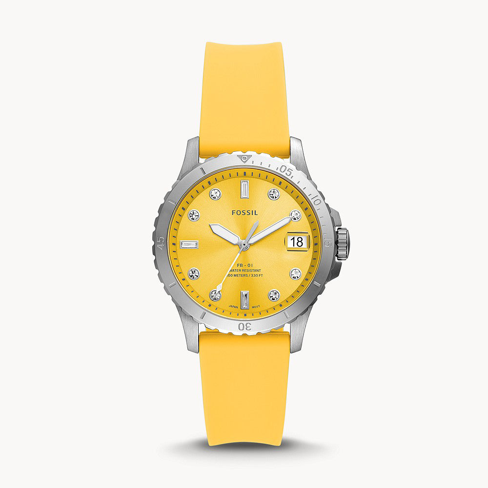 Fossil Three-Hand Date Yellow Silicone Women&