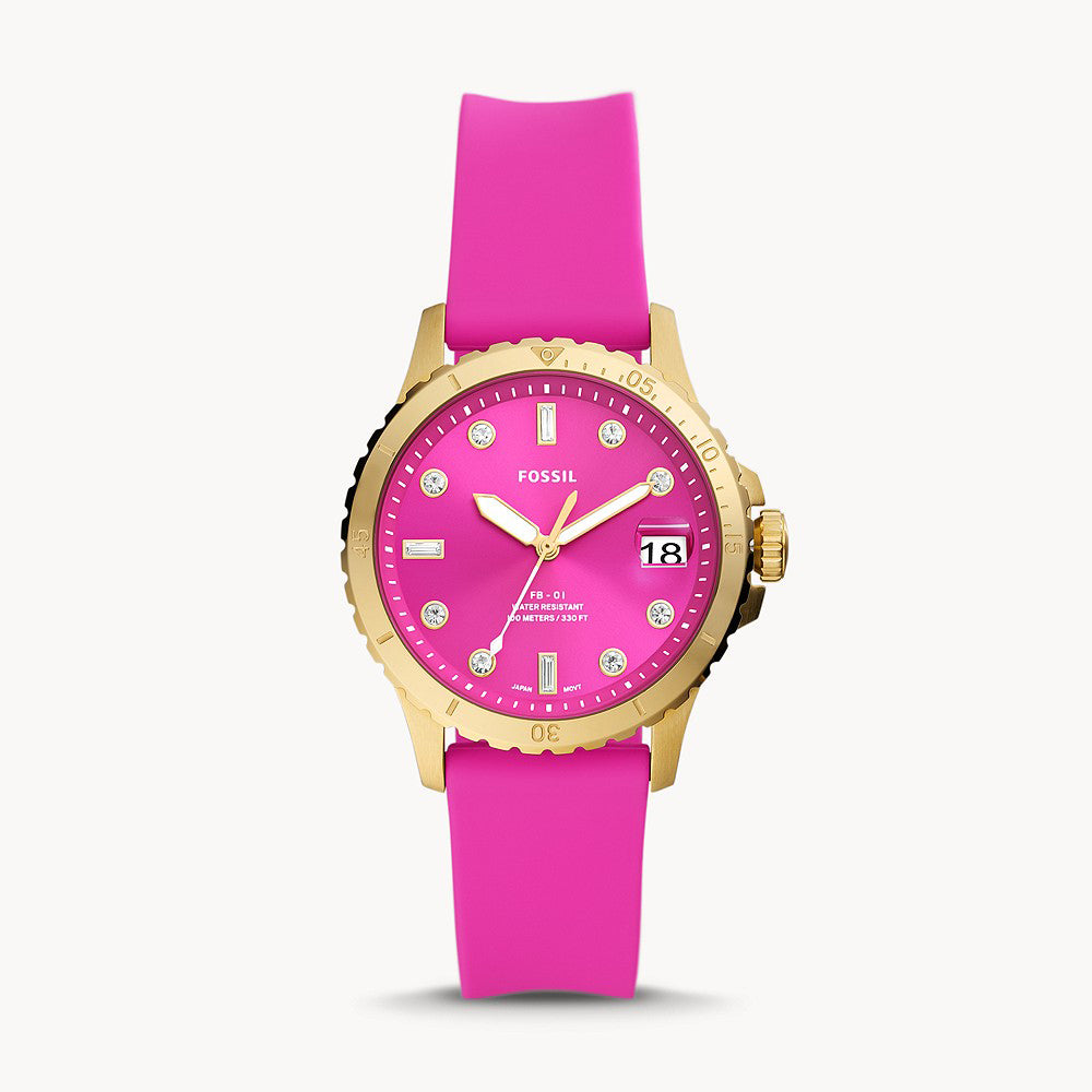 Fossil Three-Hand Date Pink Silicone Women&