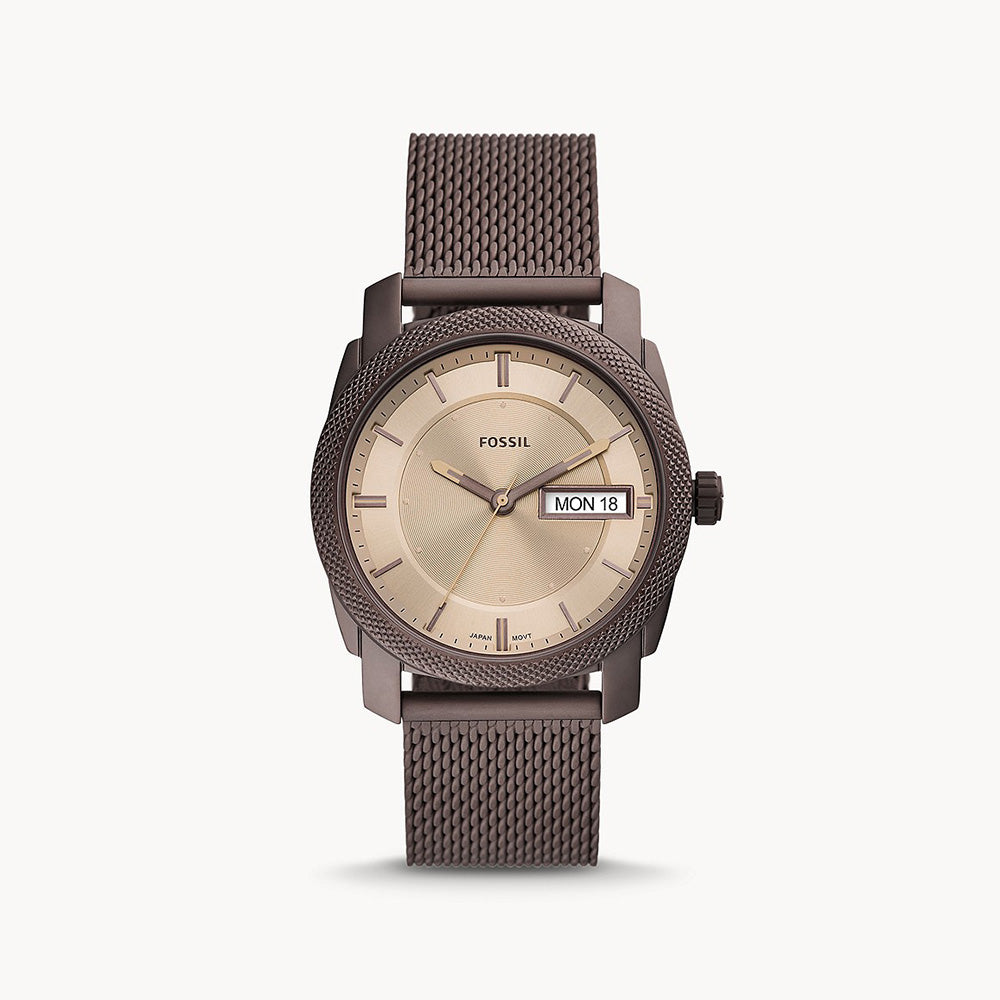 Fossil Machine Three Hand Day Date Brown Stainless Steel Mesh Men&