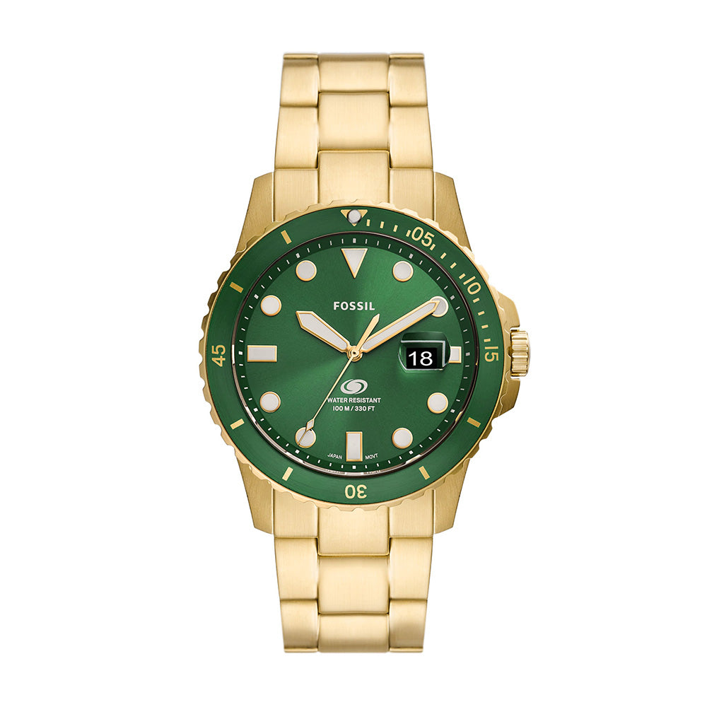 Fossil Blue Three Hand Date Gold Tone Stainless Steel Men&