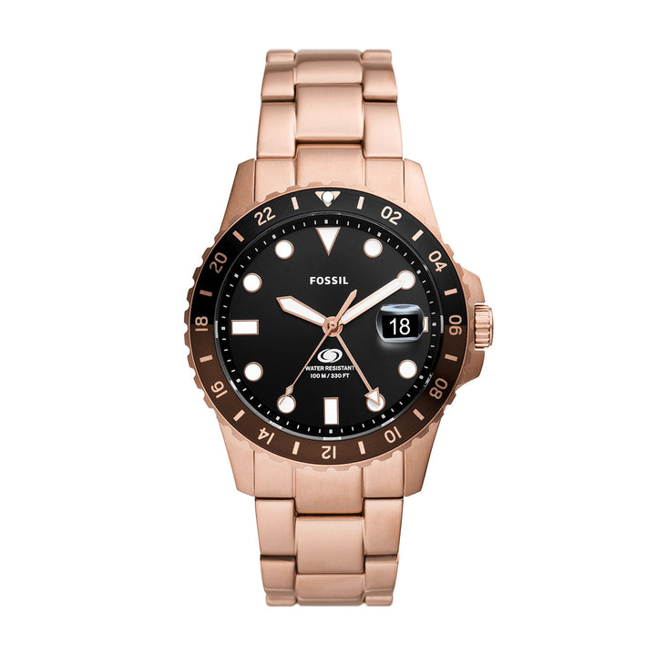 Fossil Blue Gmt Rose Gold-Tone Stainless Steel Watch