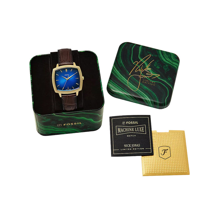 Fossil Unisex Nick Jonas x Fossil Machine Luxe Blue Vignette Three-Hand Brown Croco Leather Watch
