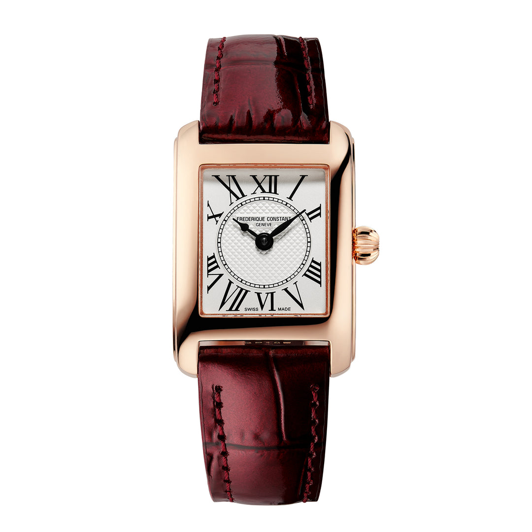 Frédérique Constant watch with a brown leather strap and rose gold case on a white background