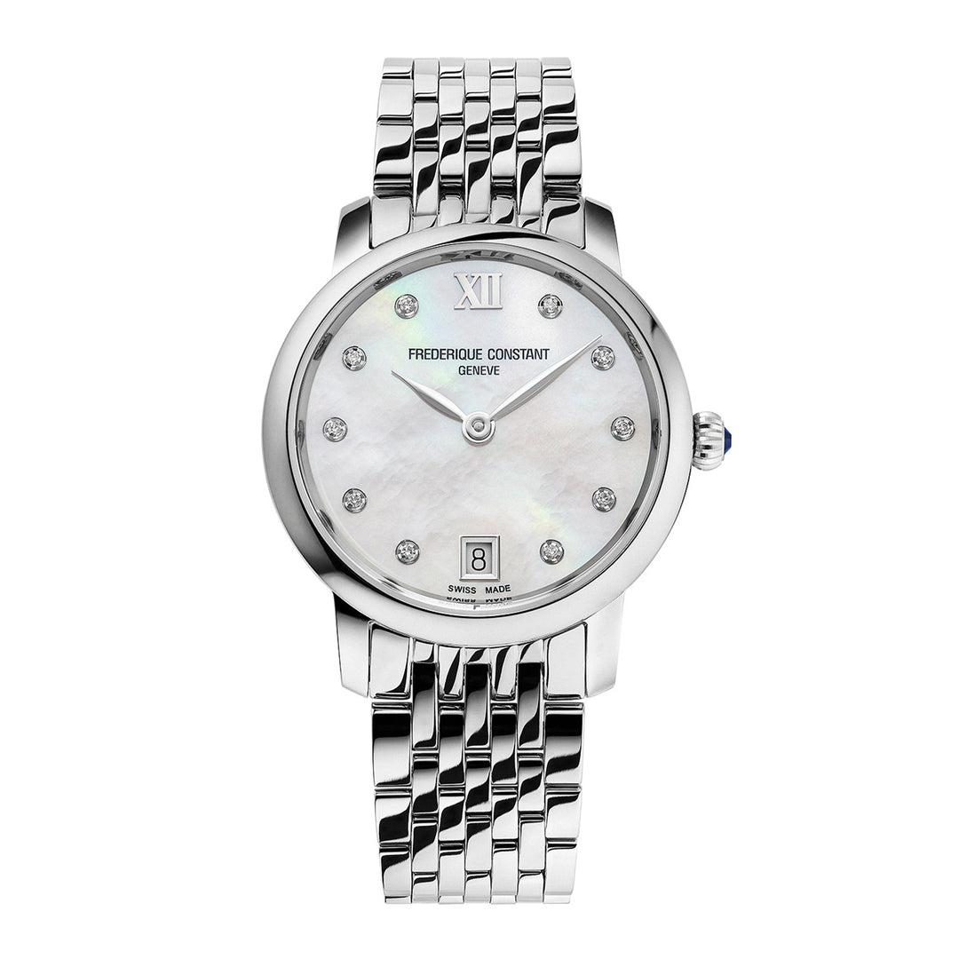 Frédérique Constant Silver watch with a white face on a white background