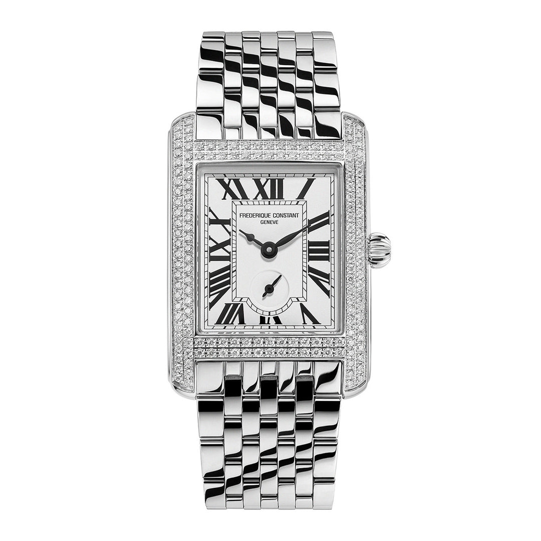 Frederique Constant silver watch with diamond-studded bezel on a white background