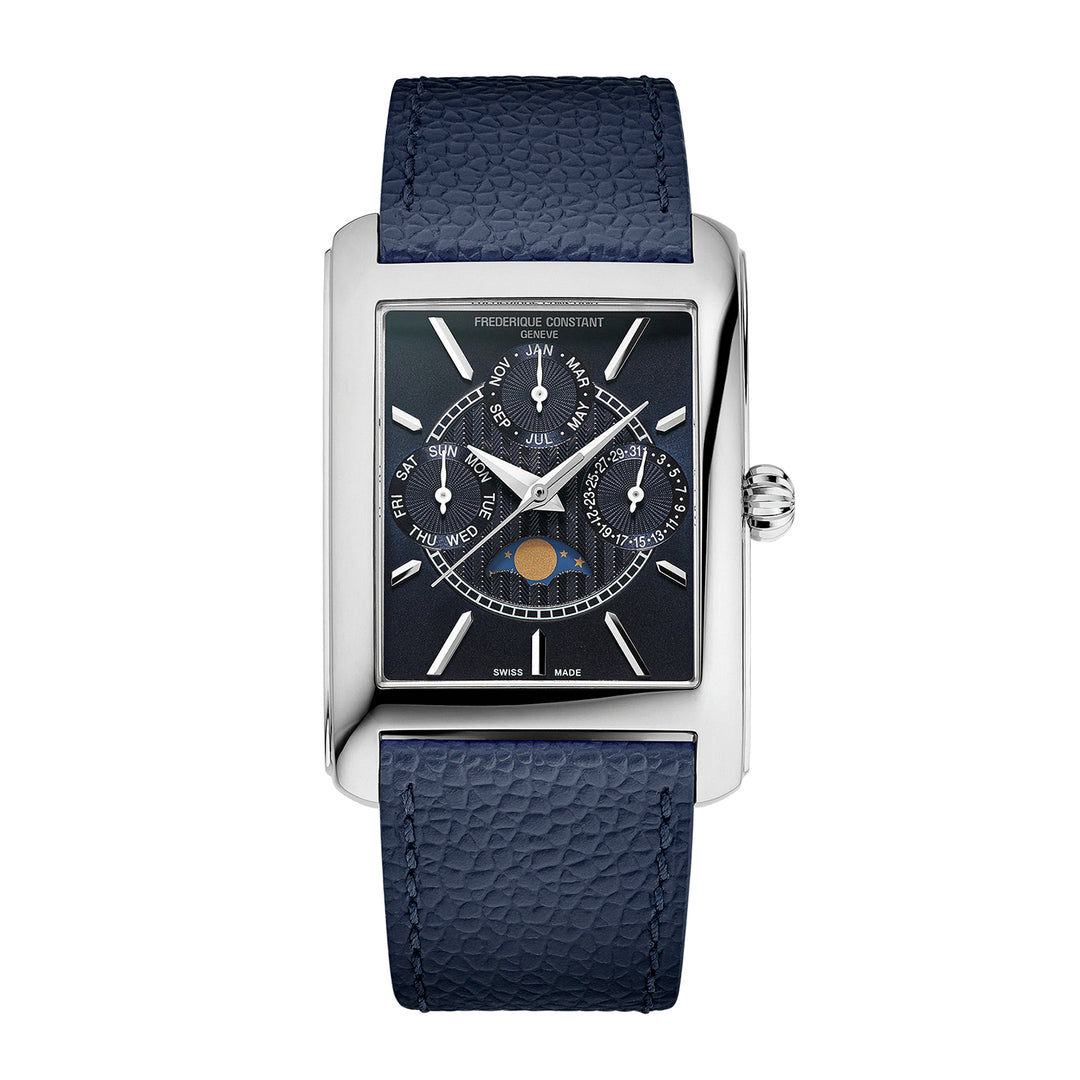 Frédérique Constant watch with blue leather strap and detailed face on a white background