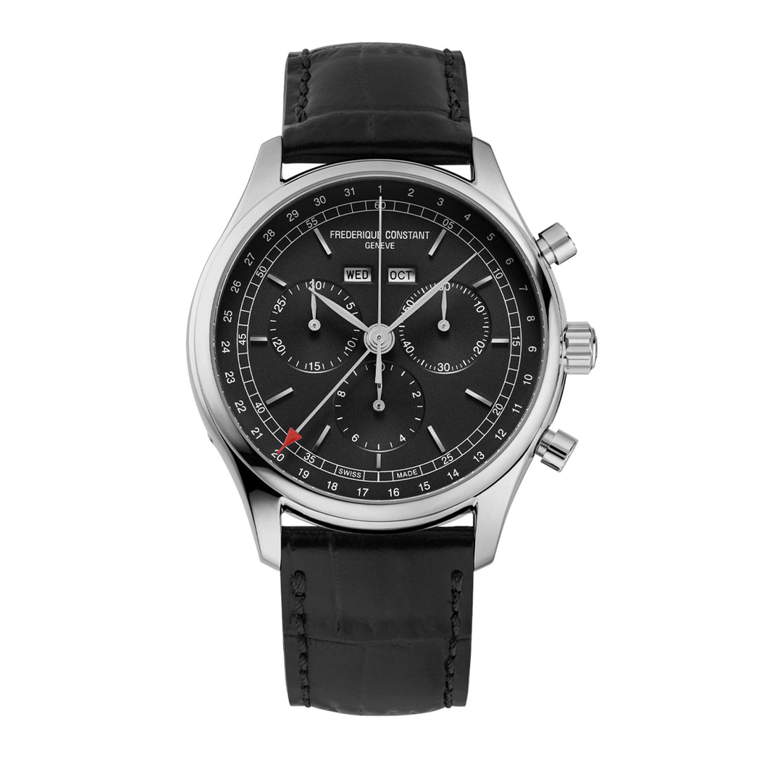 Frédérique Constant wristwatch with black dial and leather strap on a white background