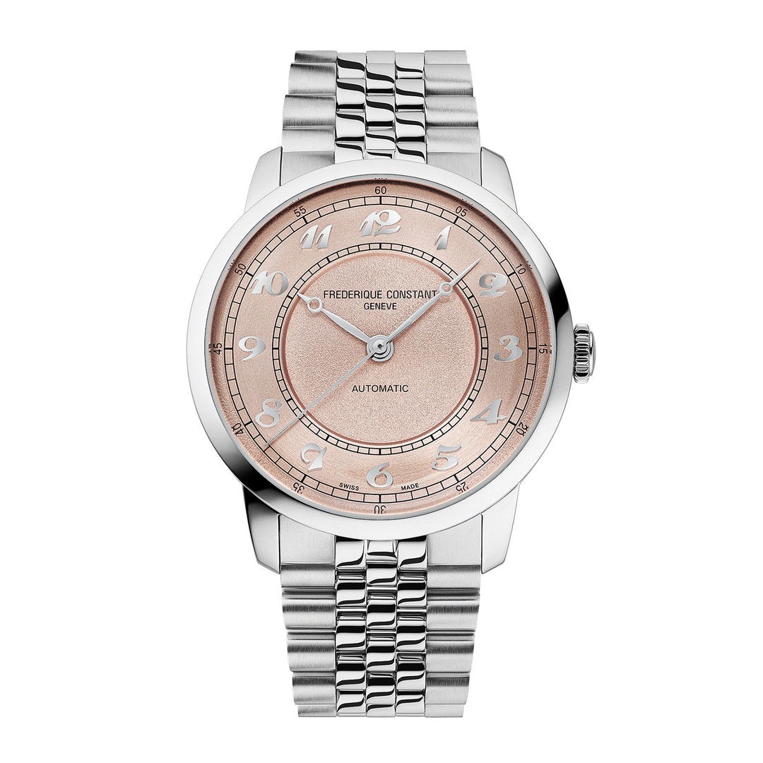 Frederique Constant watch with silver bracelet and pink dial on a white background