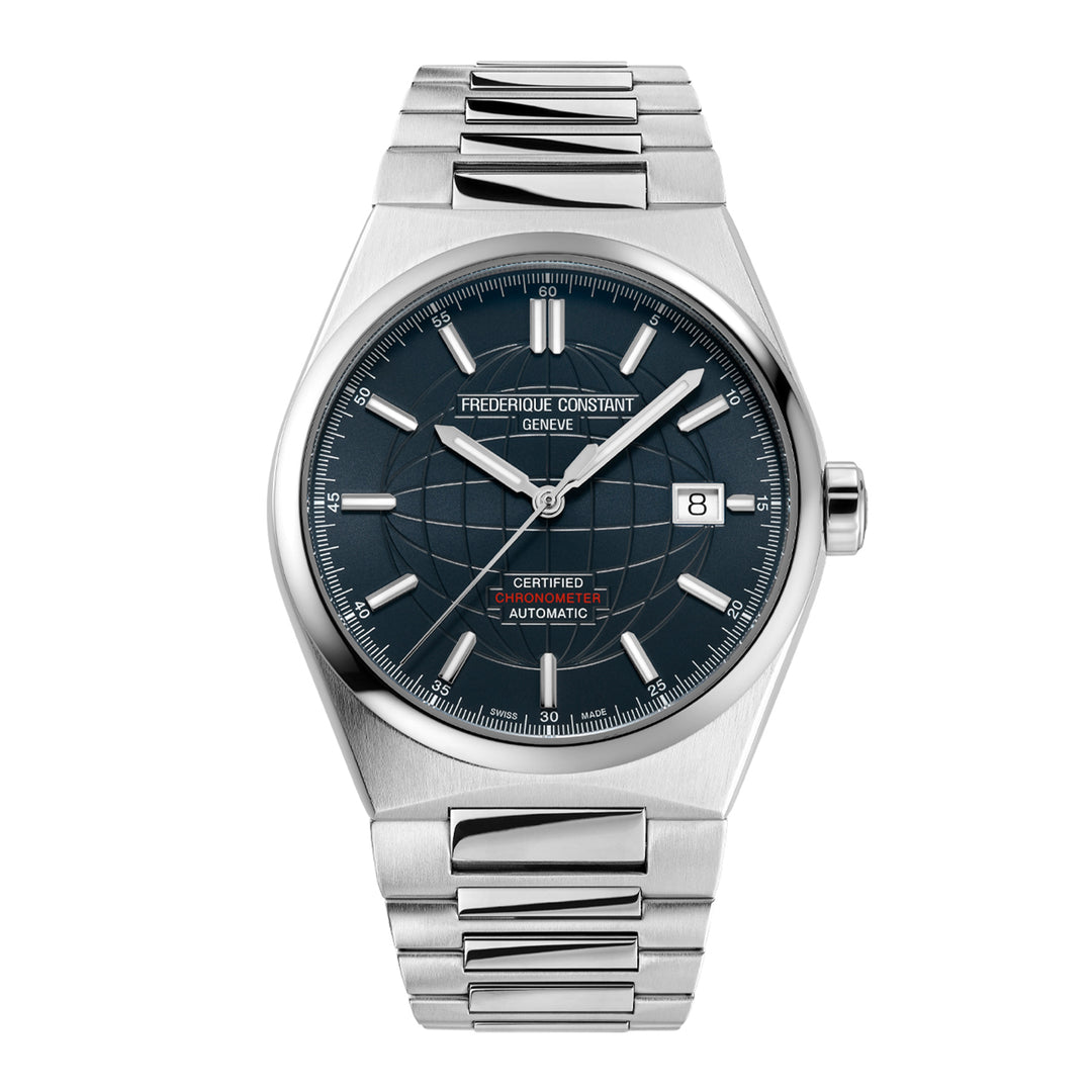 Frédérique Constant Silver watch with a dark face on a white background