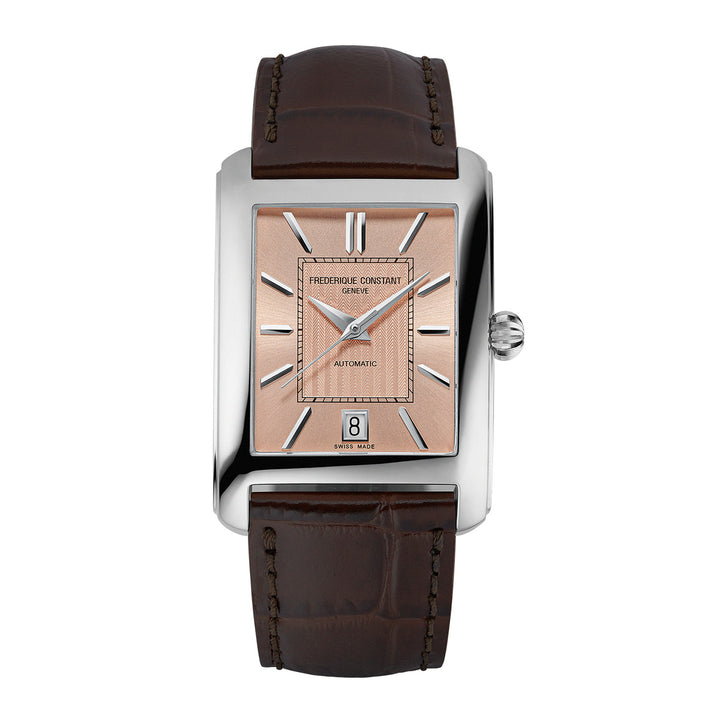 Frederique Constant watch with brown leather strap and rose gold face on white background