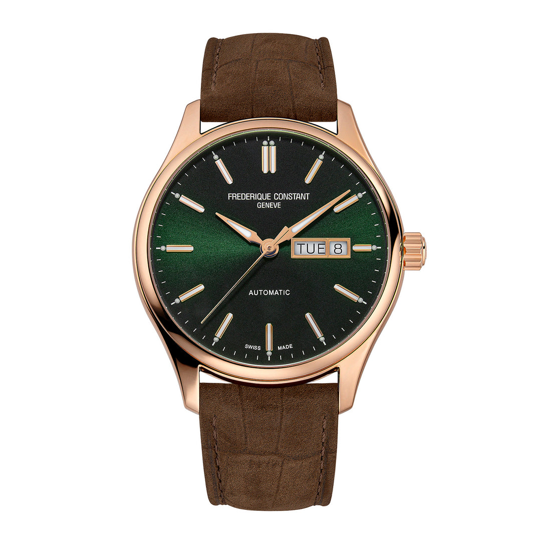 Frédérique Constant Watch with green dial and brown leather strap on white background