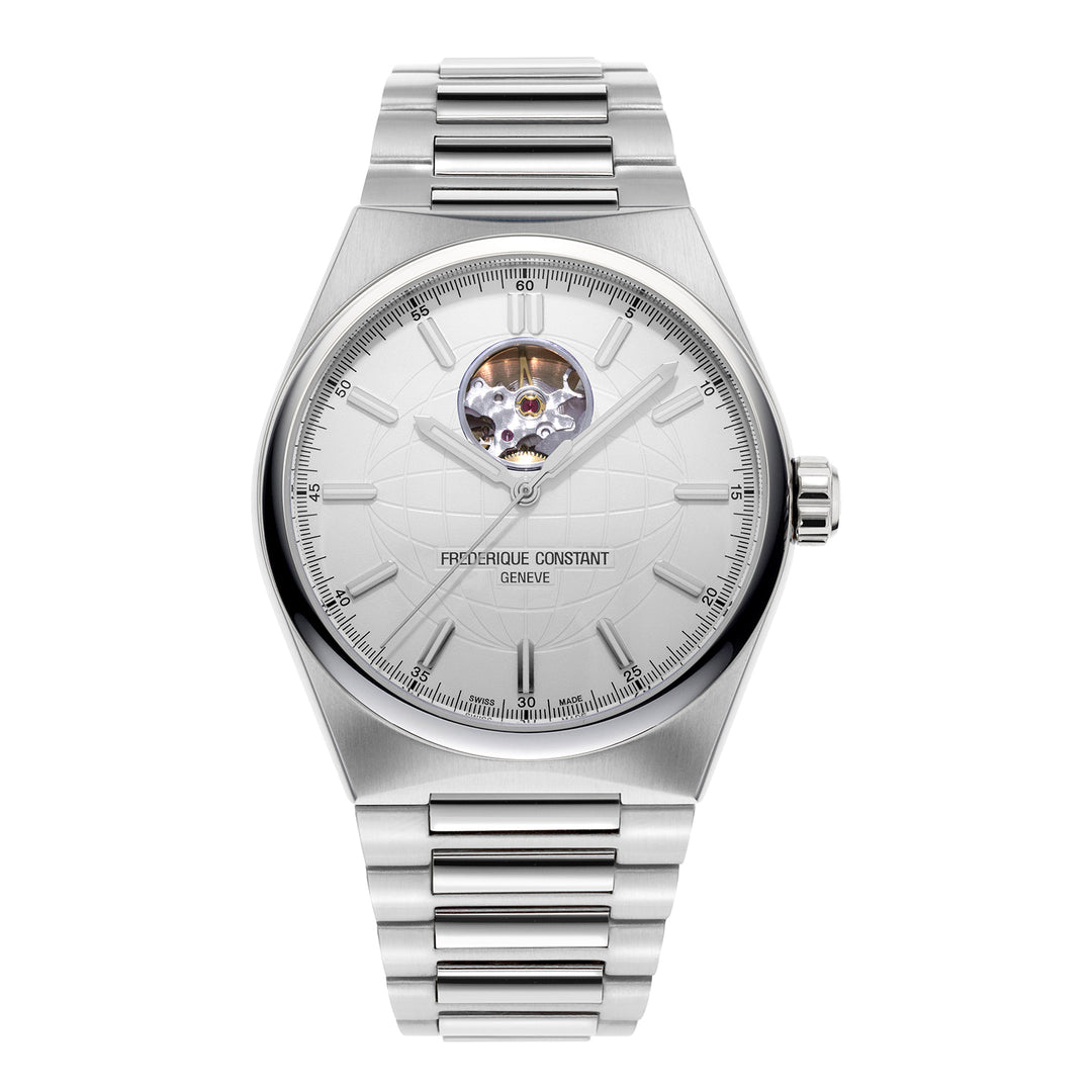 Frédérique Constant Silver watch with a white face on a white background