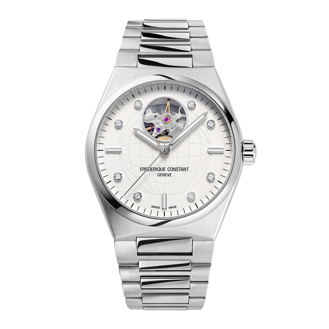Silver Frédérique Constant watch with a white face on a white background