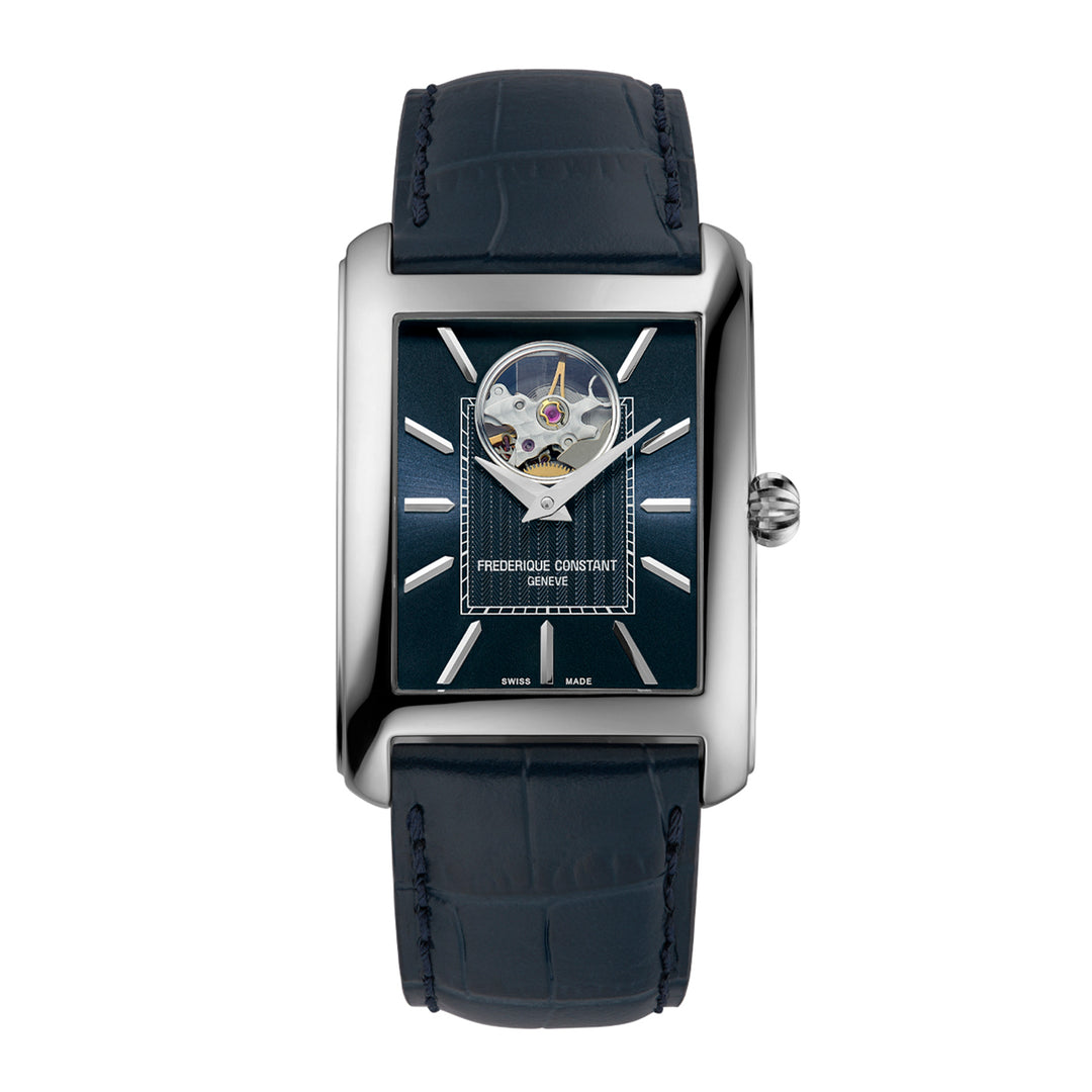 Frederique Constant watch with blue strap and visible brand logo on a white background