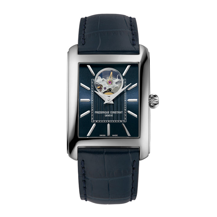 Frederique Constant watch with blue strap and visible brand logo on a white background