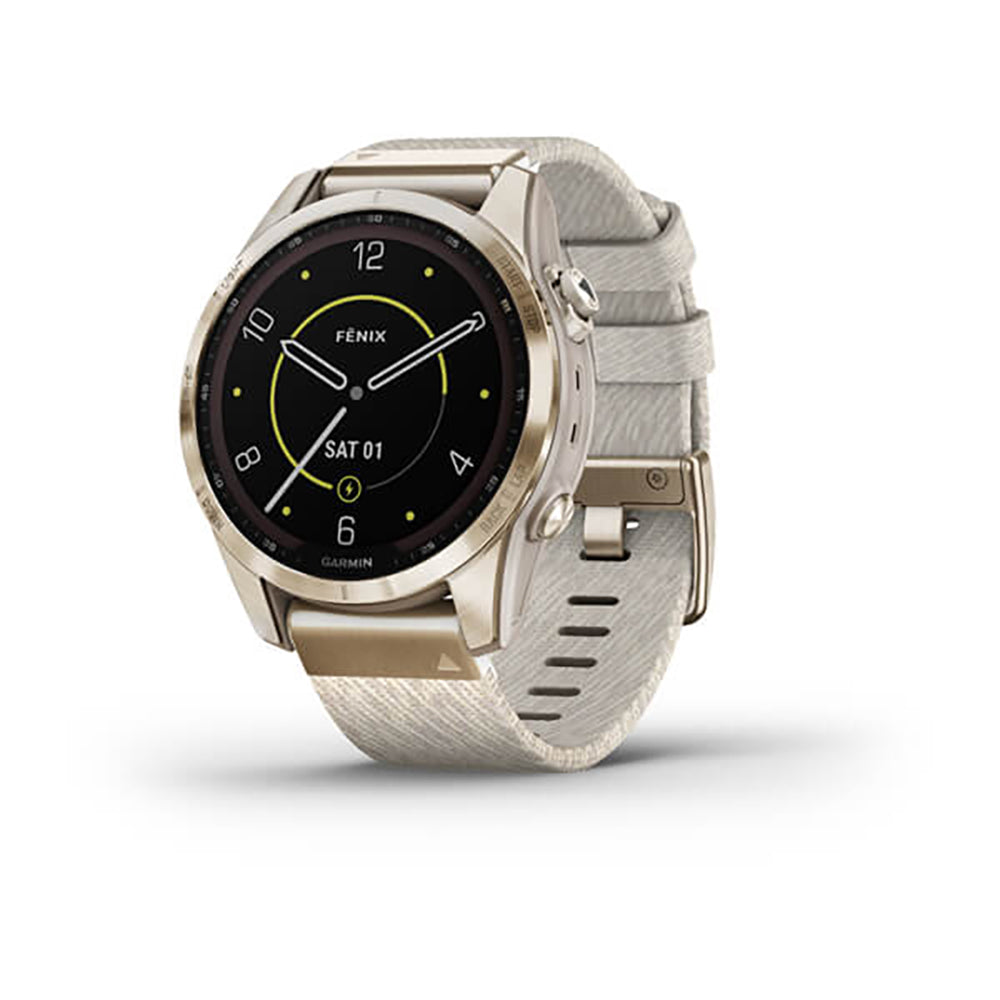 Garmin Fenix 7S Sapphire Cream Gold Titanium Cream Heatherd Nylon Band Full Display Watch - 010-02539-39