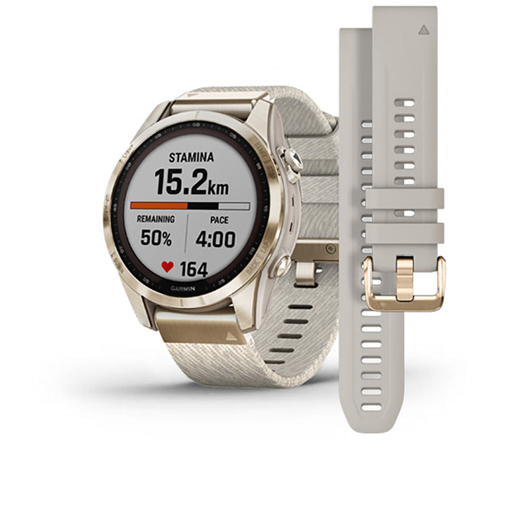 Garmin Fenix 7S Sapphire Cream Gold Titanium Cream Heatherd Nylon Band Full Display Watch - 010-02539-39