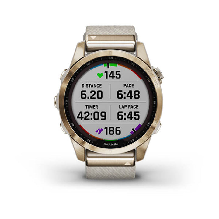 Garmin Fenix 7S Sapphire Cream Gold Titanium Cream Heatherd Nylon Band Full Display Watch - 010-02539-39