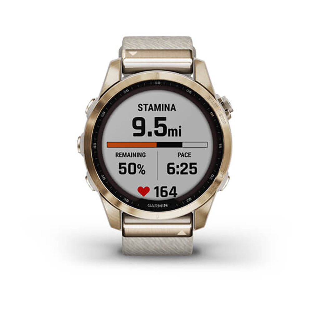 Garmin Fenix 7S Sapphire Cream Gold Titanium Cream Heatherd Nylon Band Full Display Watch - 010-02539-39