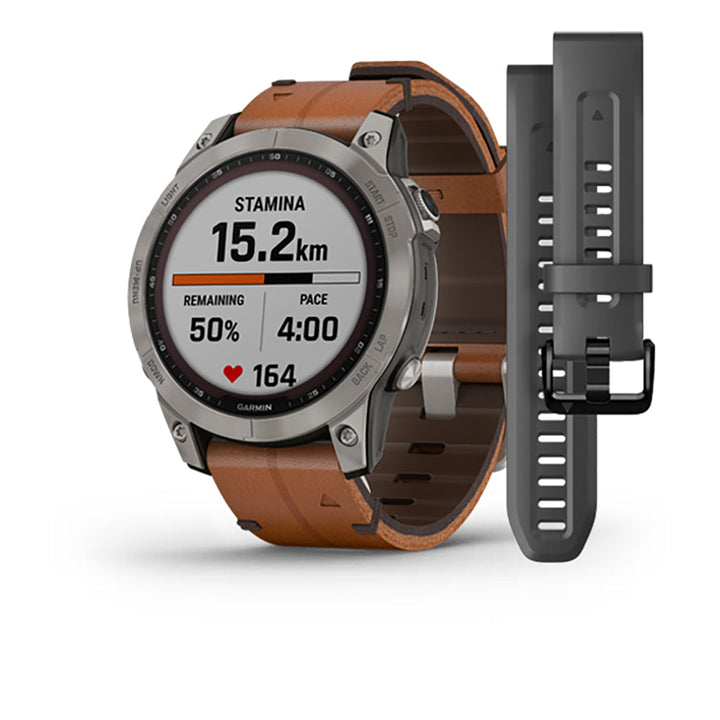 Garmin Fenix 7 Sapphire Titanium Chestnut Leather Band Full Display Watch with Additional Strap - 010-02540-31