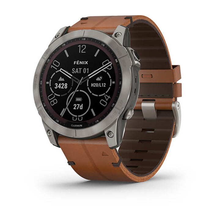 Garmin Fenix 7X Sapphire Solar Titanium Chestnut Leather Band Full Display Watch - 010-02541-19