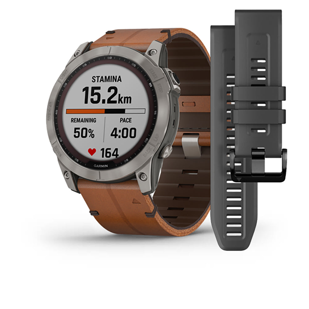 Garmin Fenix 7X Sapphire Solar Titanium Chestnut Leather Band Full Display Watch - 010-02541-19