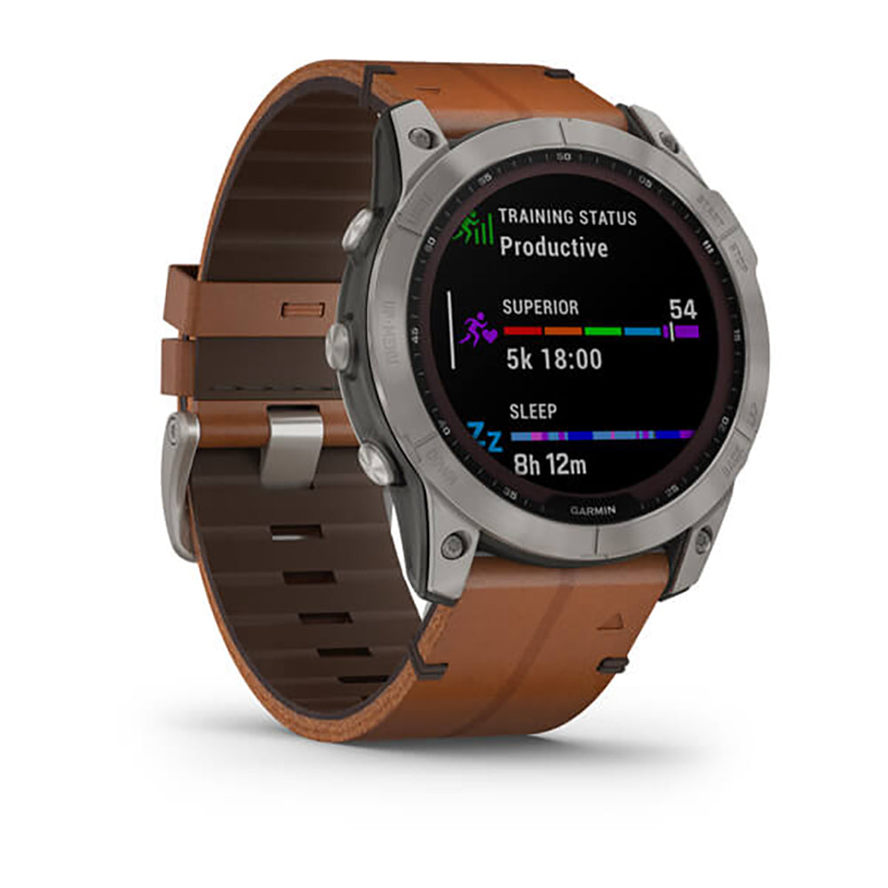 Garmin Fenix 7X Sapphire Solar Titanium Chestnut Leather Band Full Display Watch - 010-02541-19