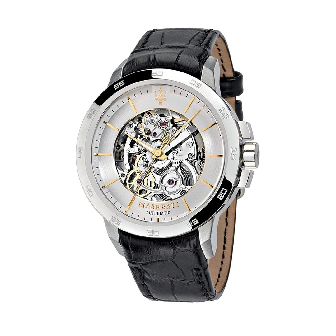 Maserati Ingegno Automatic Skeleton Silver Dial Black Leather Men&