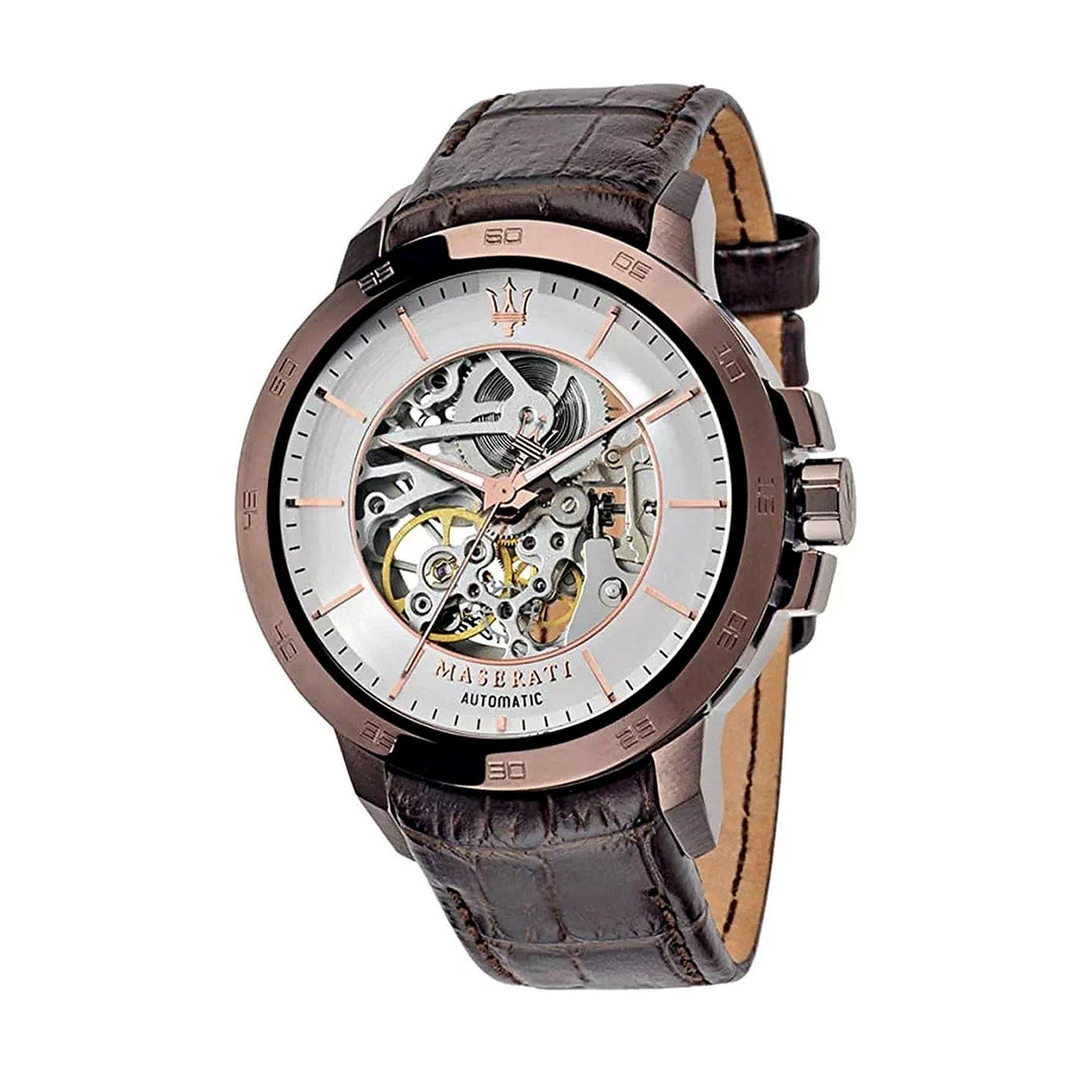 Maserati Ingegno Automatic Skeleton White Dial Bronze Leather Men&